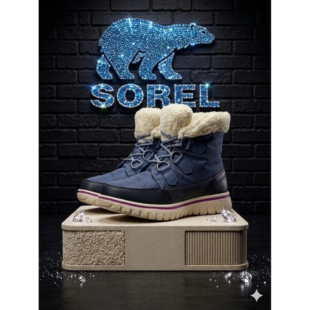 Sorel Whitney💙💜💙 Short Lace Waterproof Winter Boots Navy Blue Purple Womens 8